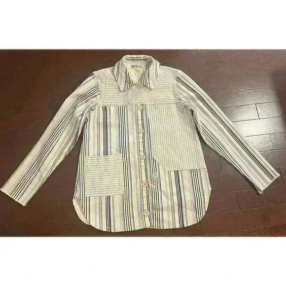 Anthropologie Maeve Oversize Denim Shirt S Shacket Jacket Boho Patchwork Stripe - Picture 7 of 14